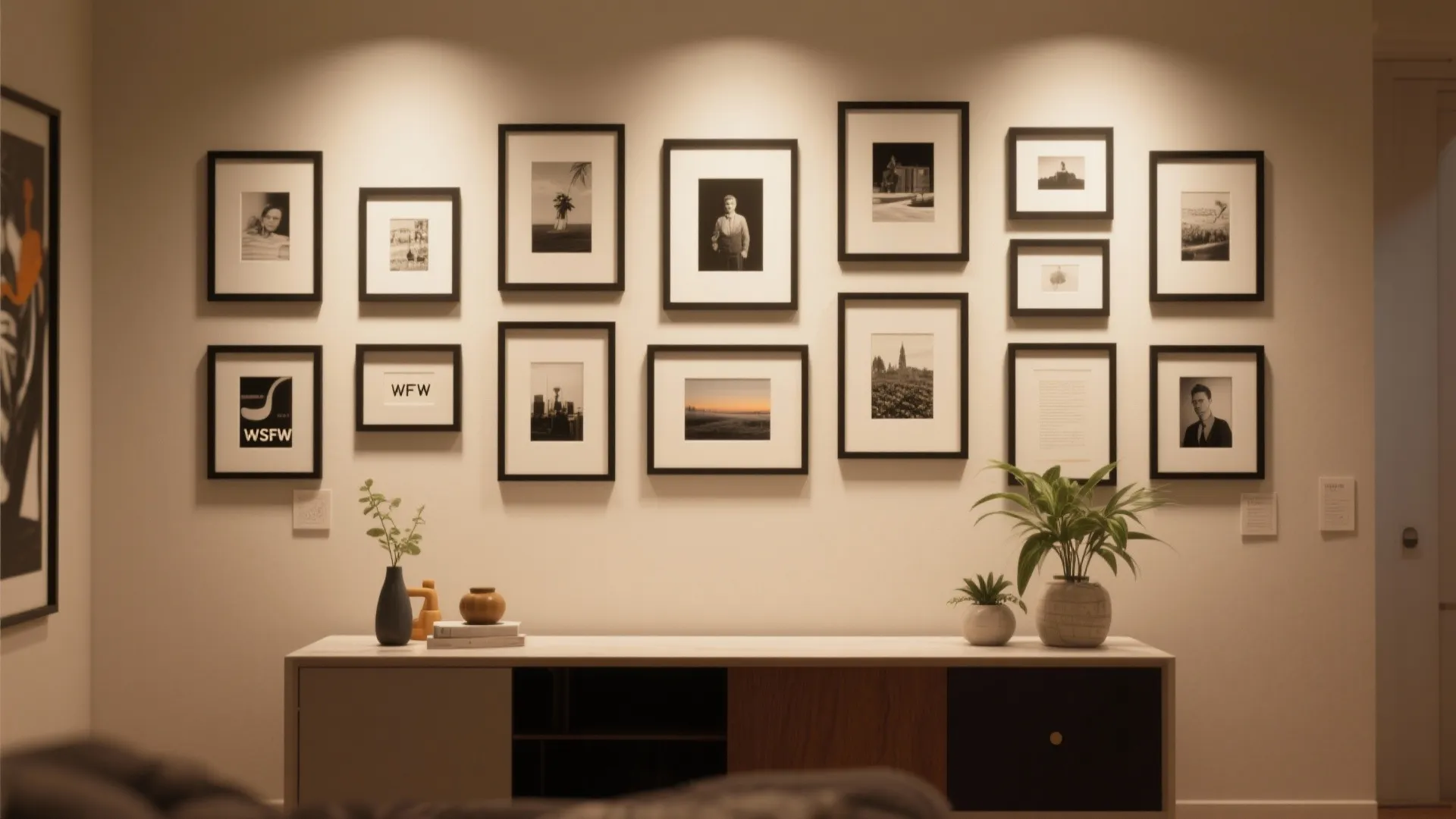 White wall with many black framed photos above a cabinet with small plants and books