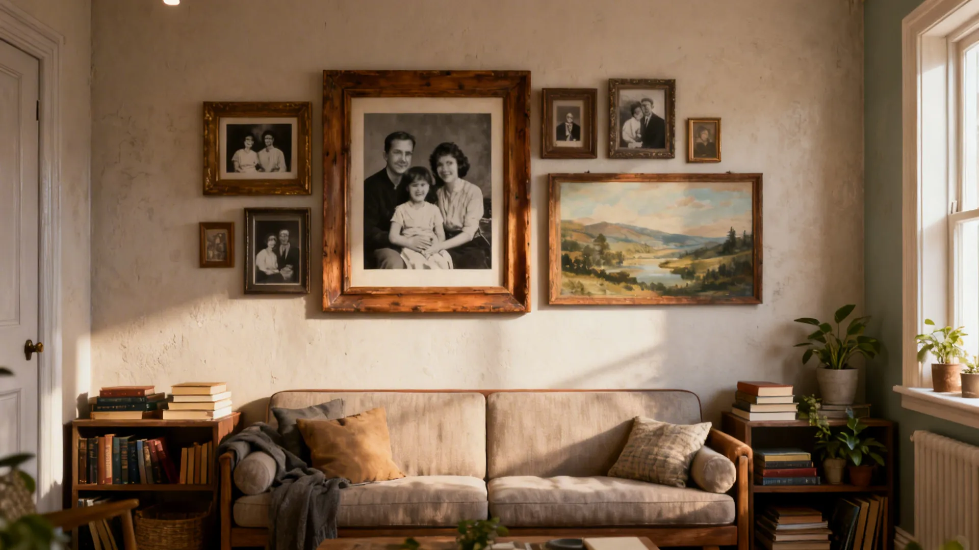 Curated gallery wall of vintage frames and black-and-white family photos above a sofa in a cozy living room.