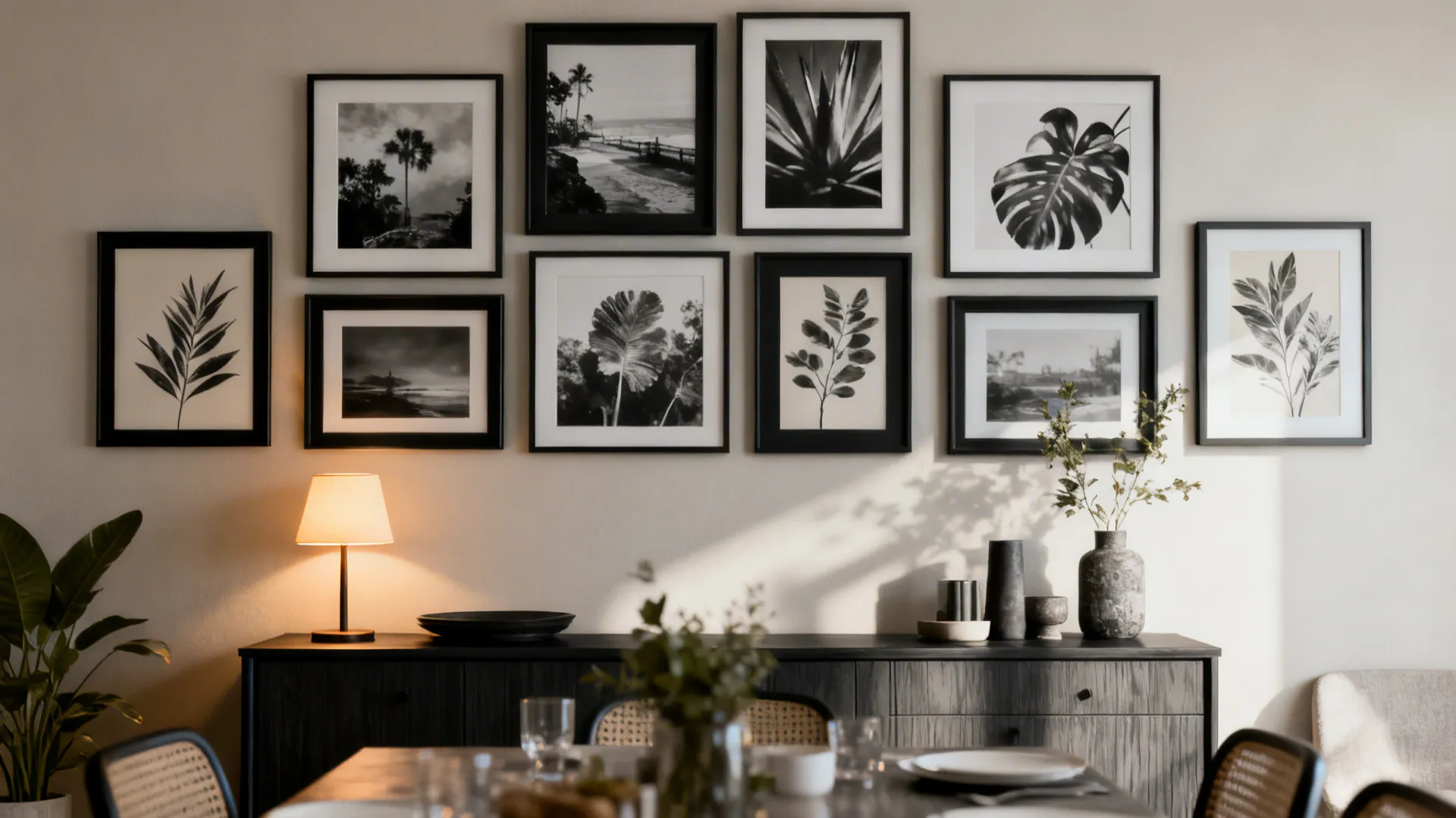 Gallery wall of black frames and botanical prints above a buffet in a dining room.