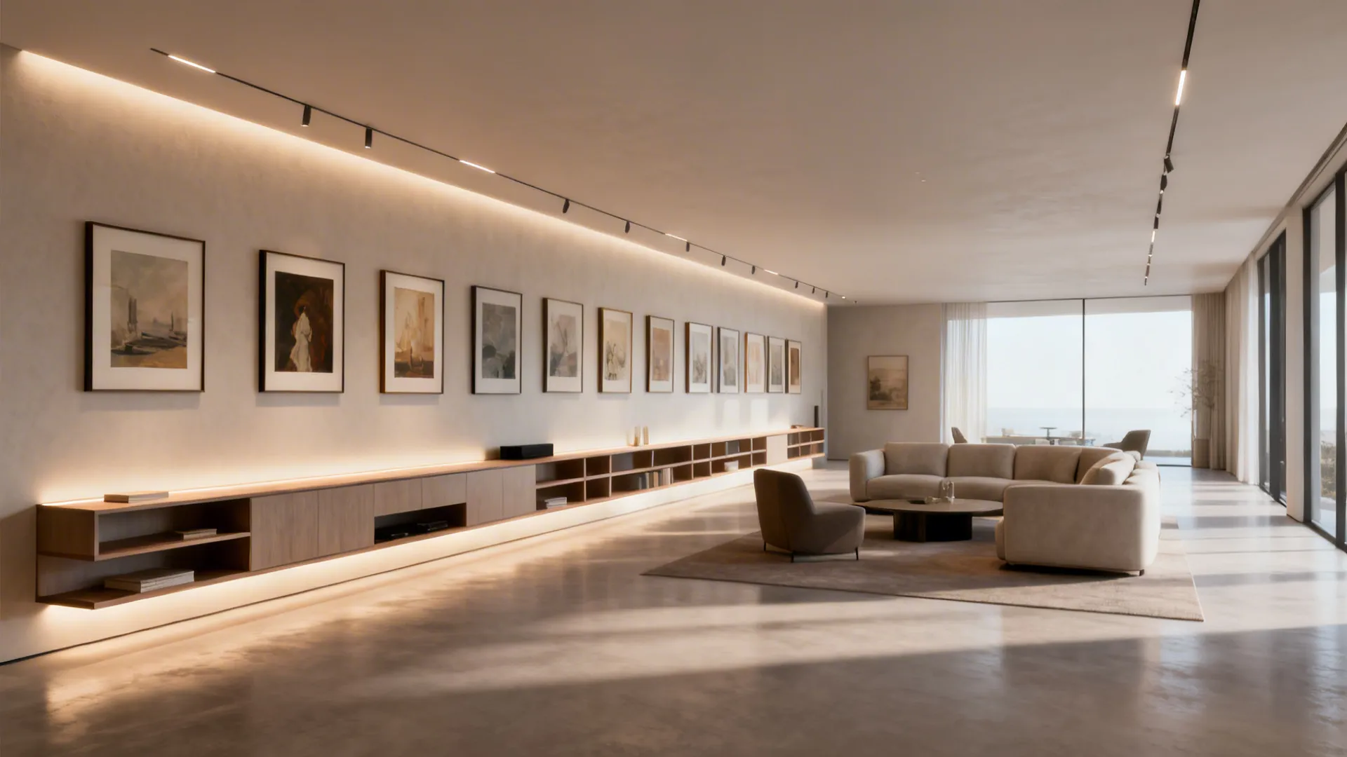 Modern living room with long wall of framed art pieces low wooden cabinet and beige sofa