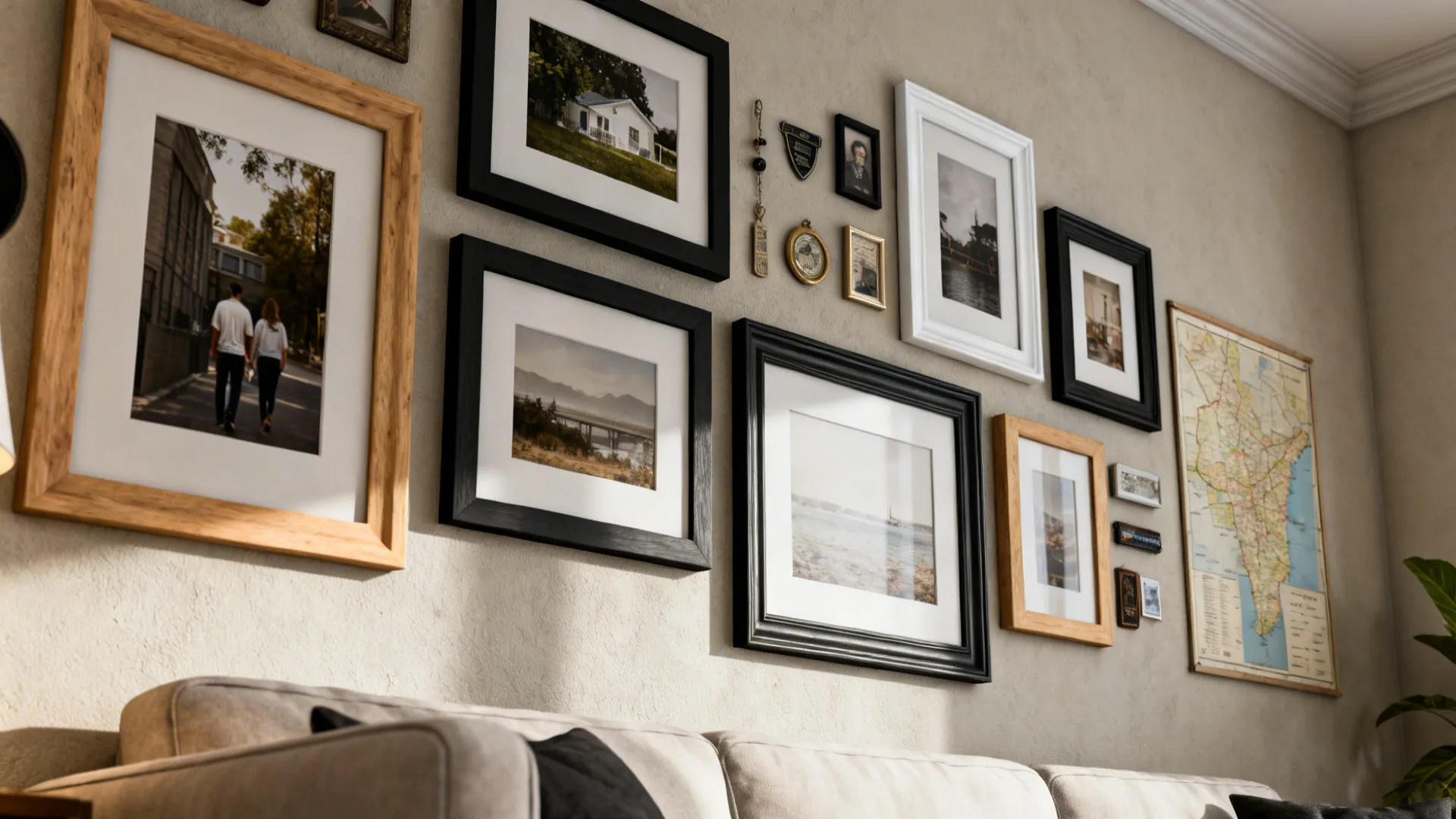 Cohesive gallery wall with mixed frames and memorabilia above a sofa in a masculine living room.