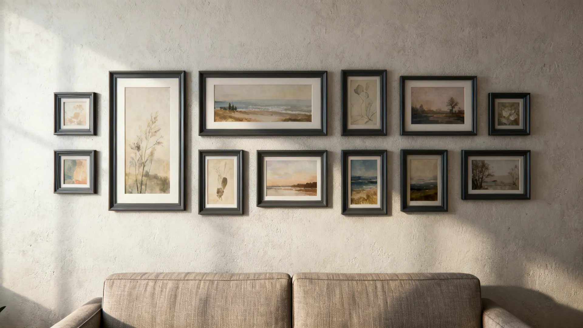 Gallery wall above a sofa with unified frames and a cohesive color palette in a small living room