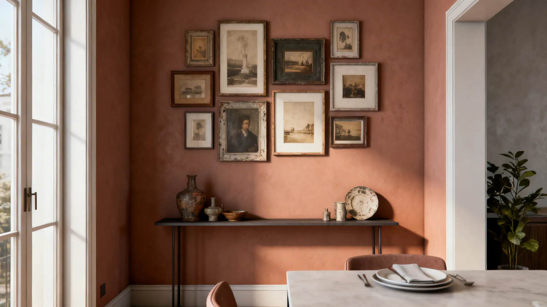 Gallery wall with framed art pieces above a thin table and a white marble dining table