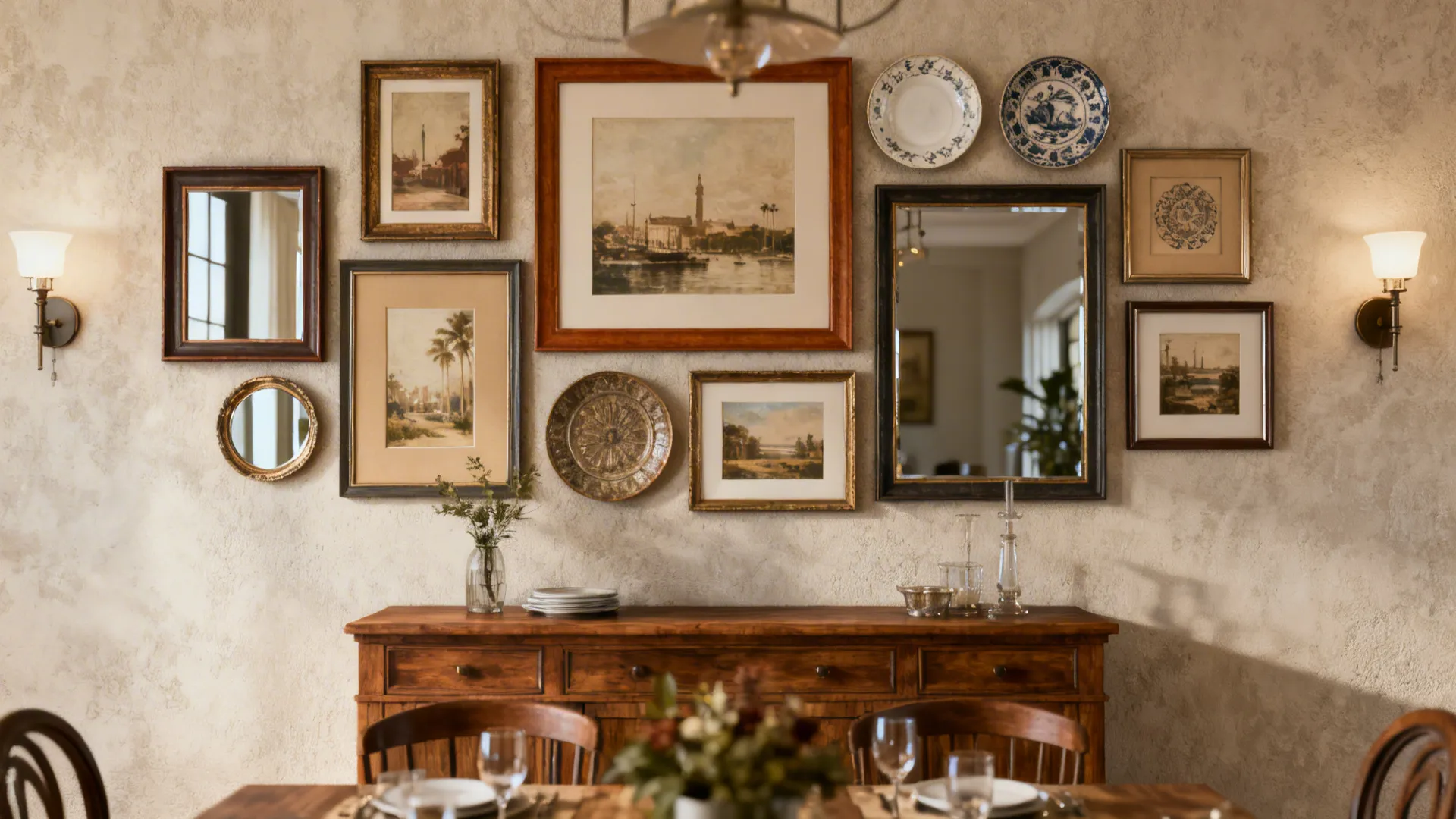 Curated gallery wall with cohesive color story above a wooden console in a dining room.