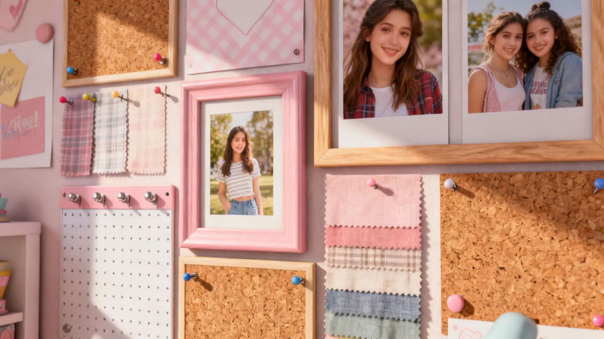 Gallery wall mixing framed photos, fabric swatches, cork and magnetic panels.