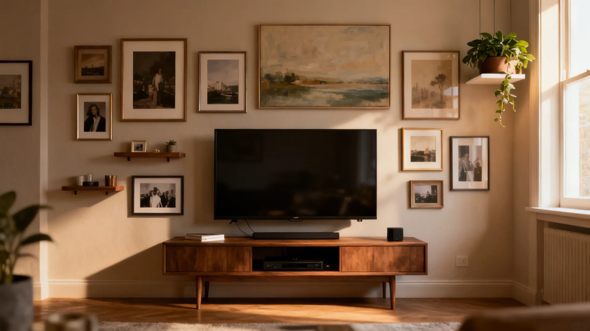 Gallery wall composition with a 32-inch TV, frames and floating planter