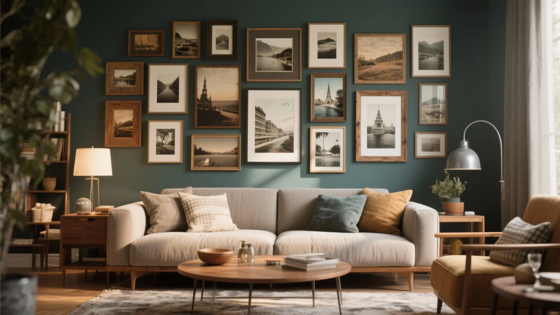 Living room with dark green wall many framed pictures sofa round coffee table and rug