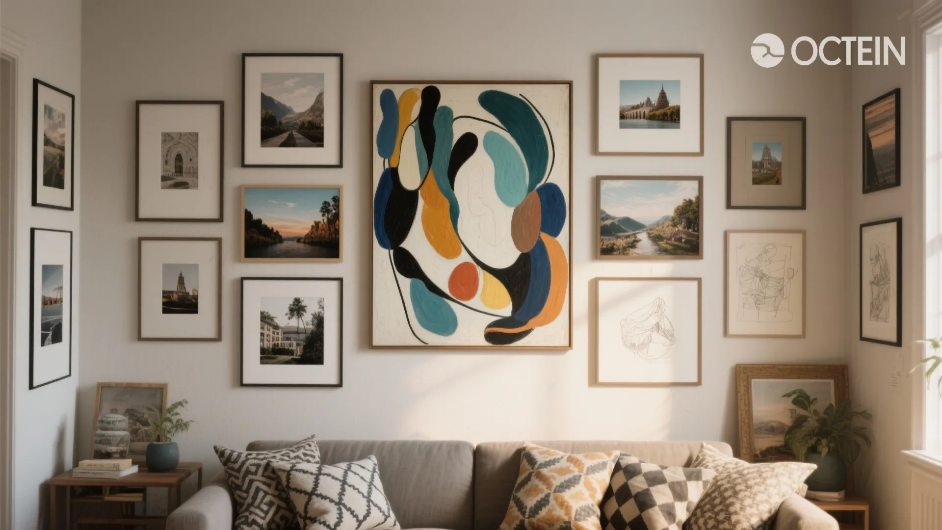 3. Gallery Wall with a Bold Abstract Center