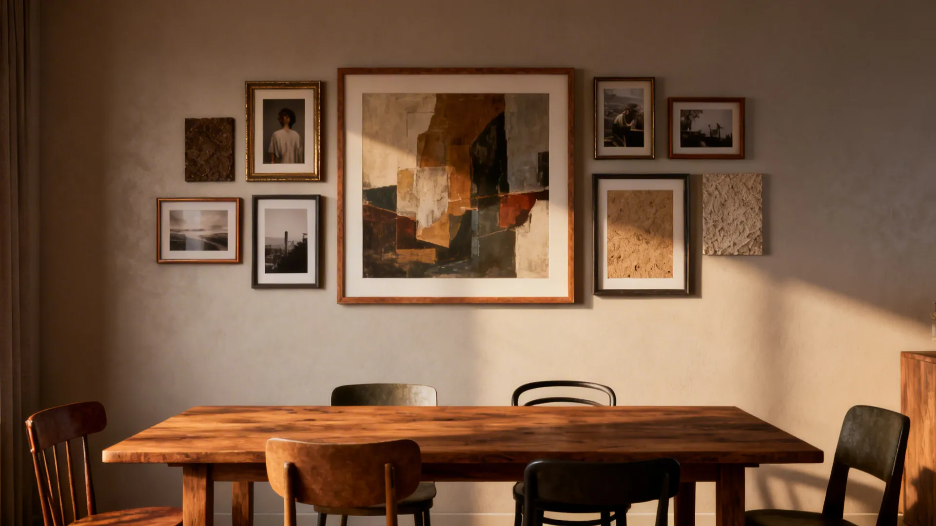 餐桌上方的画廊墙以一件大作为锚点，周围搭配不同尺寸的相框与装饰