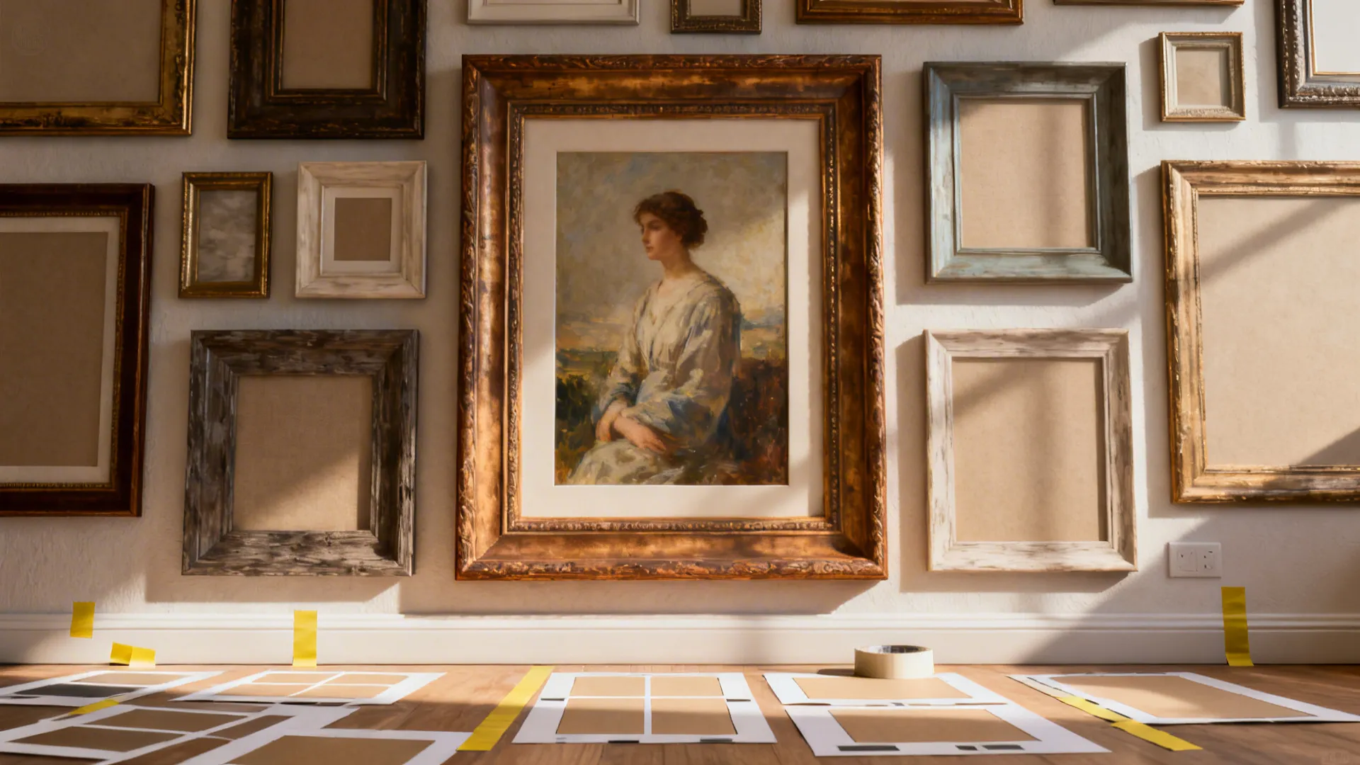 Gallery wall with a central anchor artwork and smaller varied frames, with floor mockup templates.