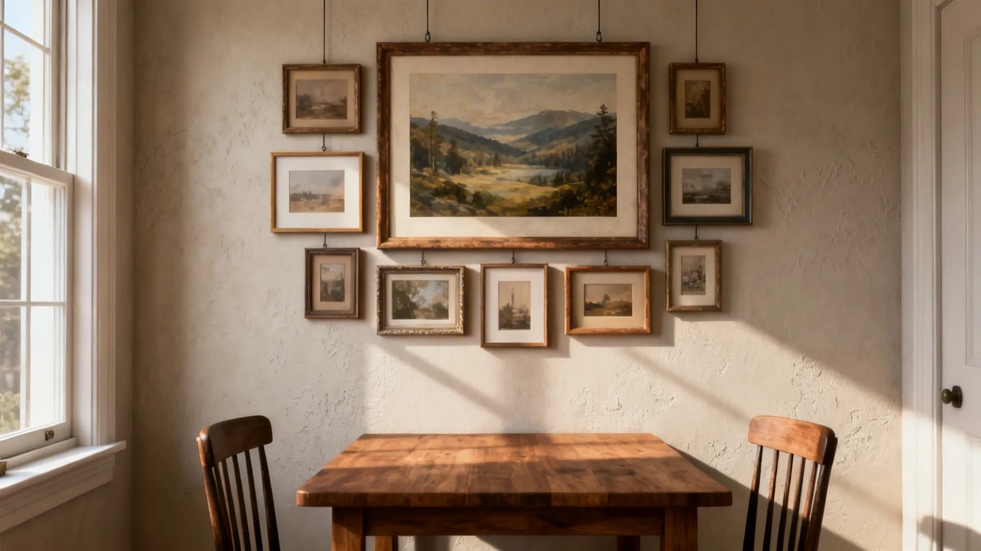 Curated gallery wall above a small dining table with a large anchor print and mixed frames in soft daylight.