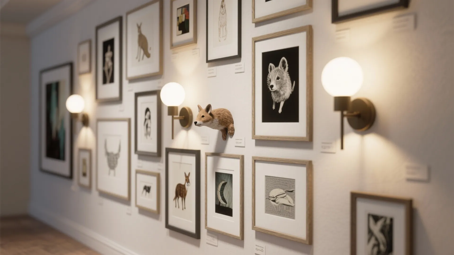 Gallery wall combining framed prints and small animal sconces that punctuate the artwork with warm accent light.