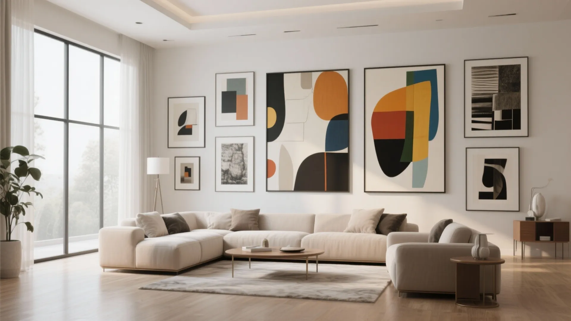 Living room gallery wall with abstract art cream sofa wood coffee table rug and windows