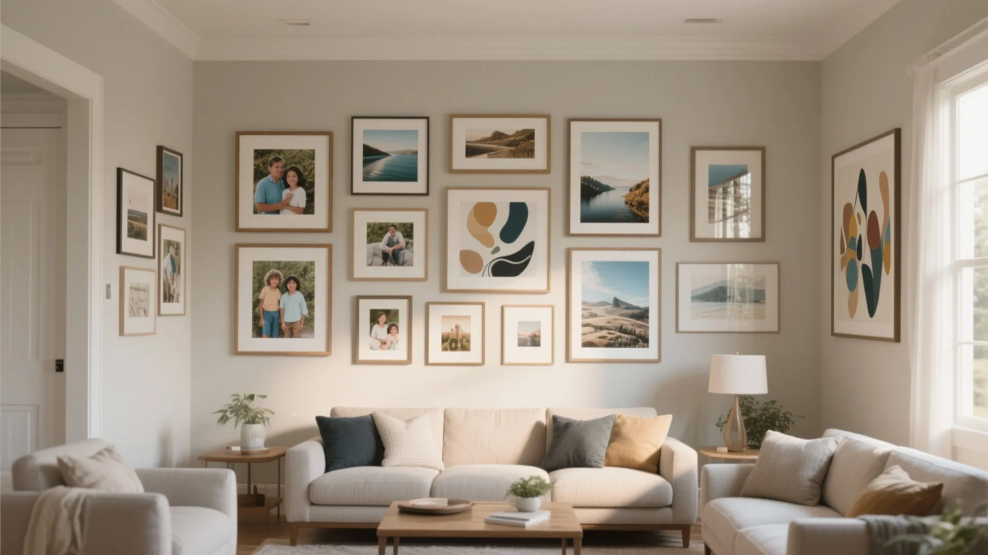Living room with cream sofa and a large gallery wall featuring many framed photos and art