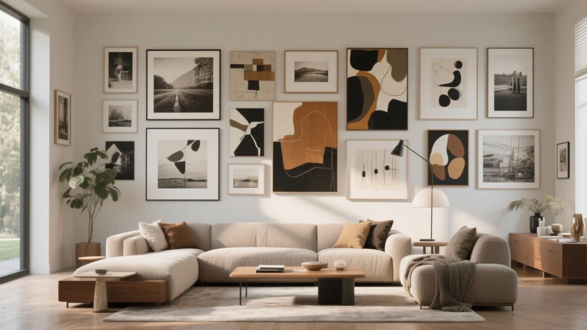 Living room with many framed art pieces on wall, beige sofa, wooden table, and plant