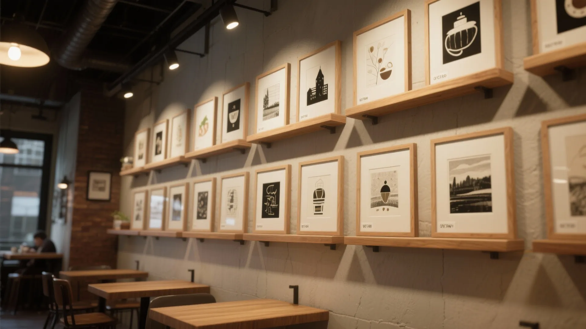 Cafe interior wall decorated with multiple framed art pieces displayed on long wooden wall shelves