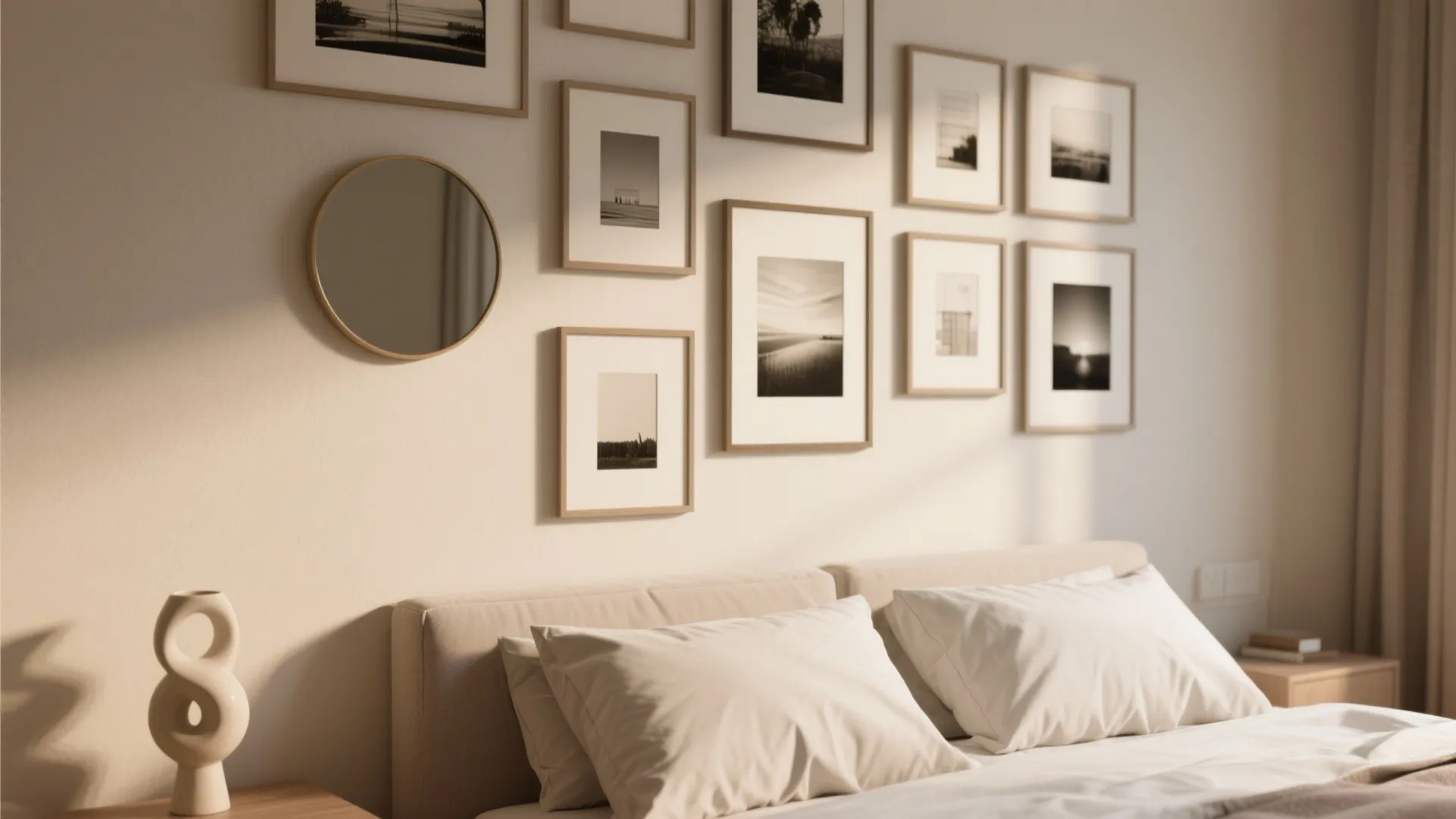 Bedroom wall decorated with many framed pictures and round mirror above a comfortable white bed