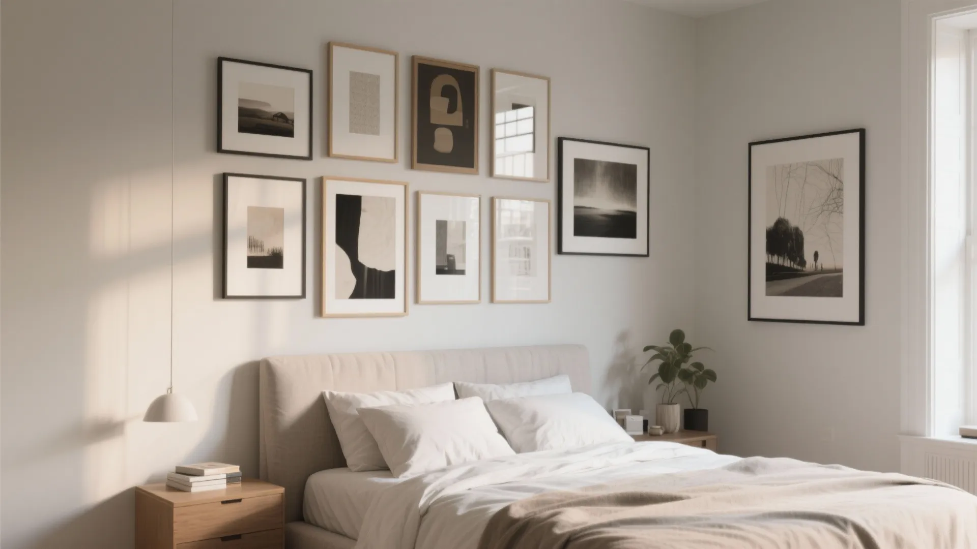 Minimalist bedroom with many framed wall pictures above the bed and a small green plant