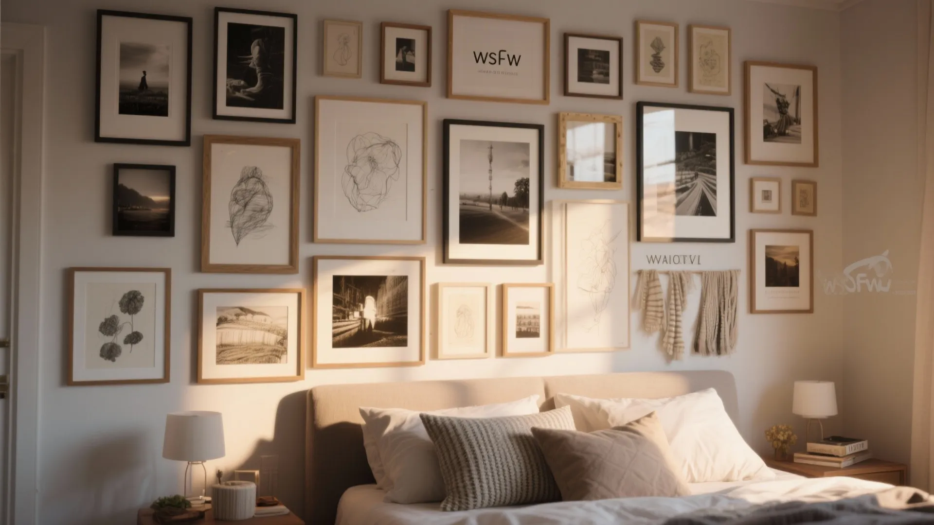 Cozy bedroom with many framed pictures on the wall and small white bedside table lamps