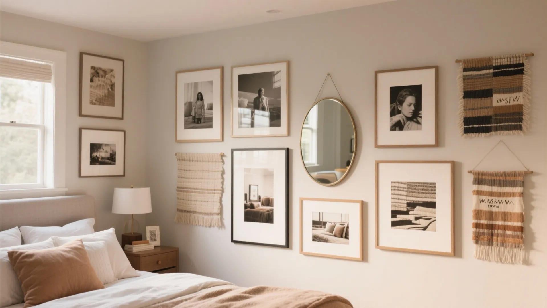 Cozy bedroom with framed art gallery wall, round mirror, woven wall hangings, and bedside lamp