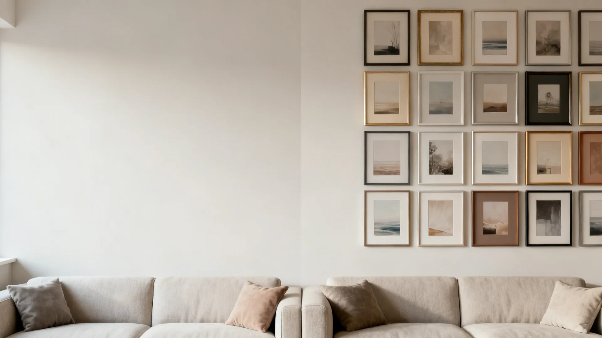 Before-and-after of a blank wall transformed into a balanced gallery grid.