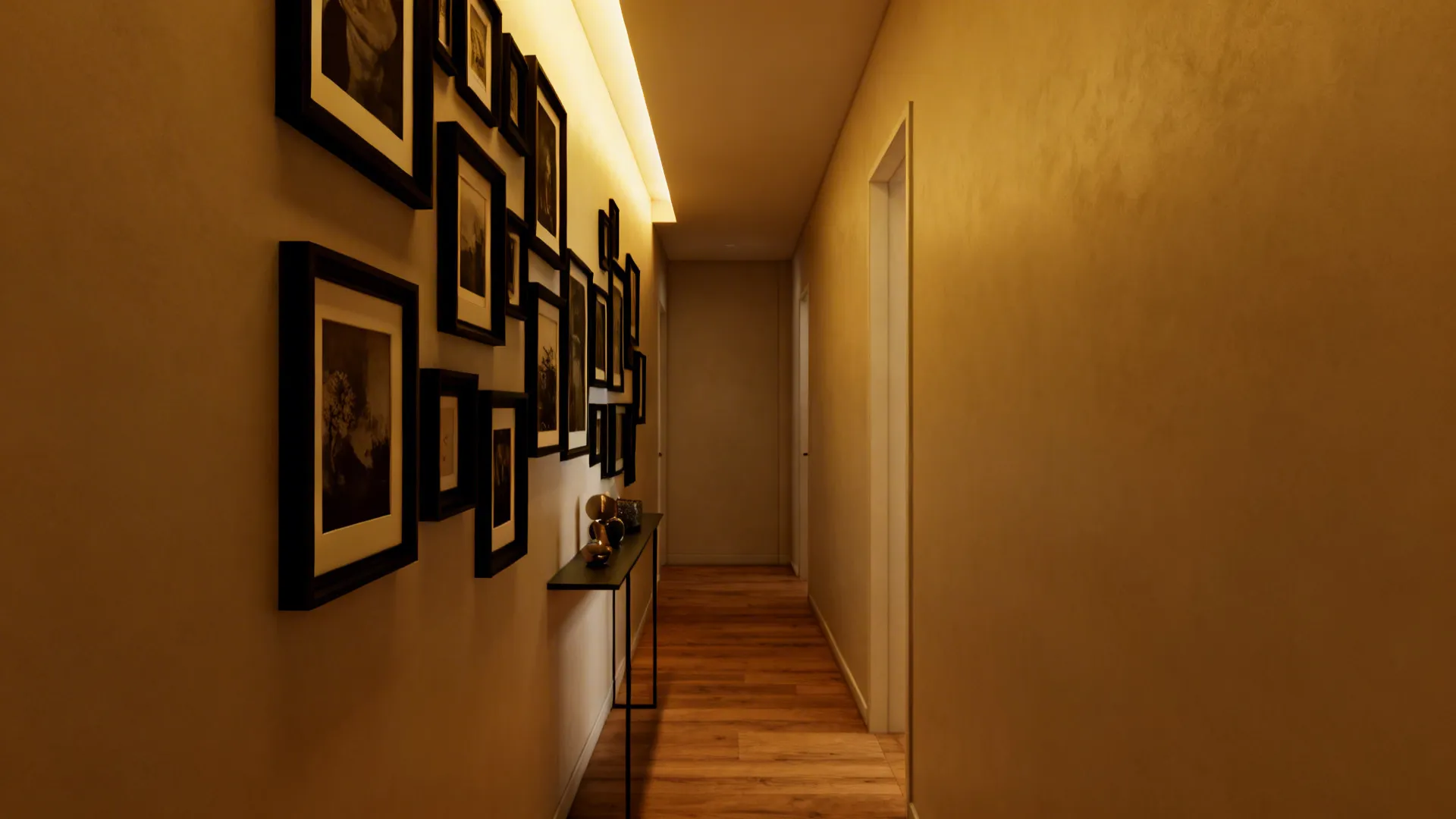 Hallway gallery wall with mixed black frames and consistent spacing creating a conversation path.