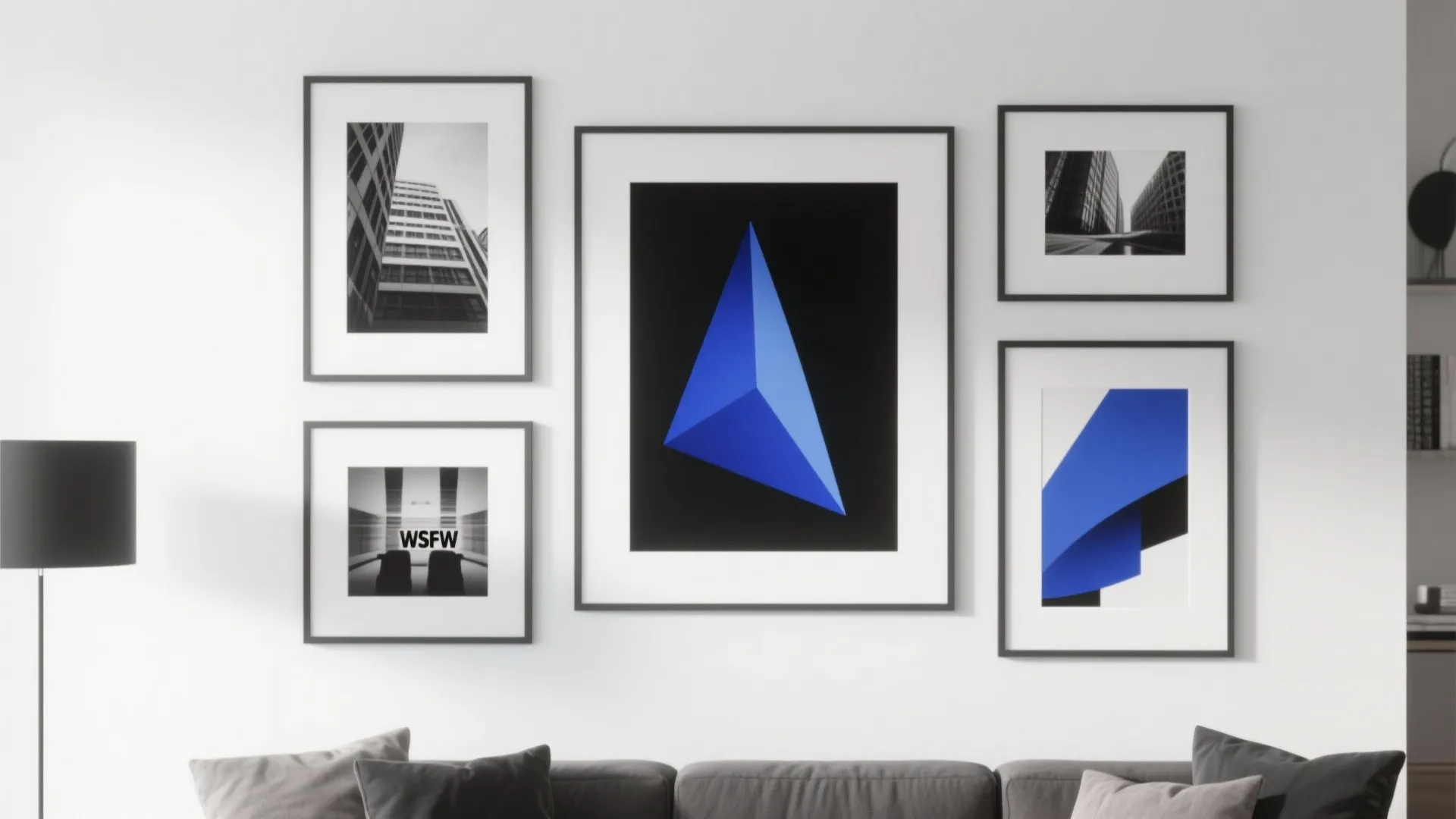 4. Monochrome Gallery Wall with Blue Highlights