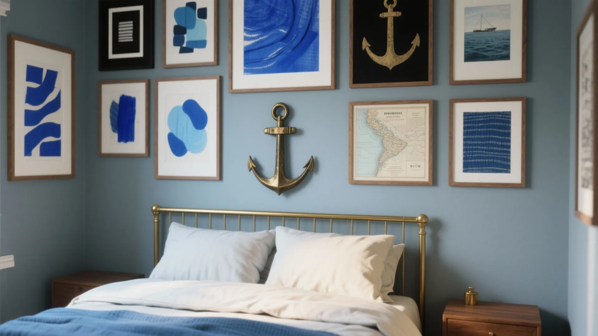 Blue bedroom wall with gallery of framed art and gold anchor above brass metal bed