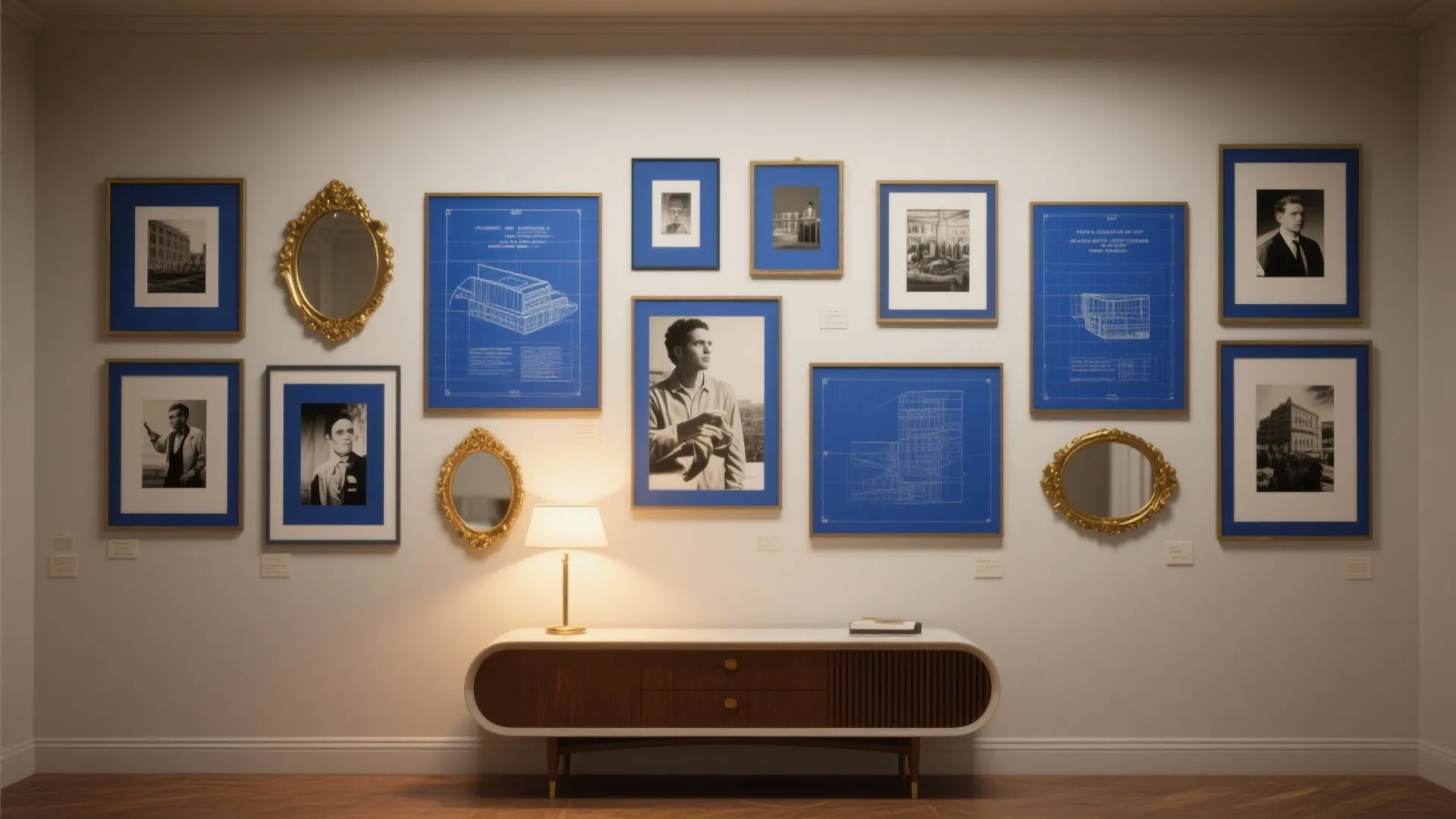 2. Gallery Wall with Mixed Blue Prints and Metallic Frames