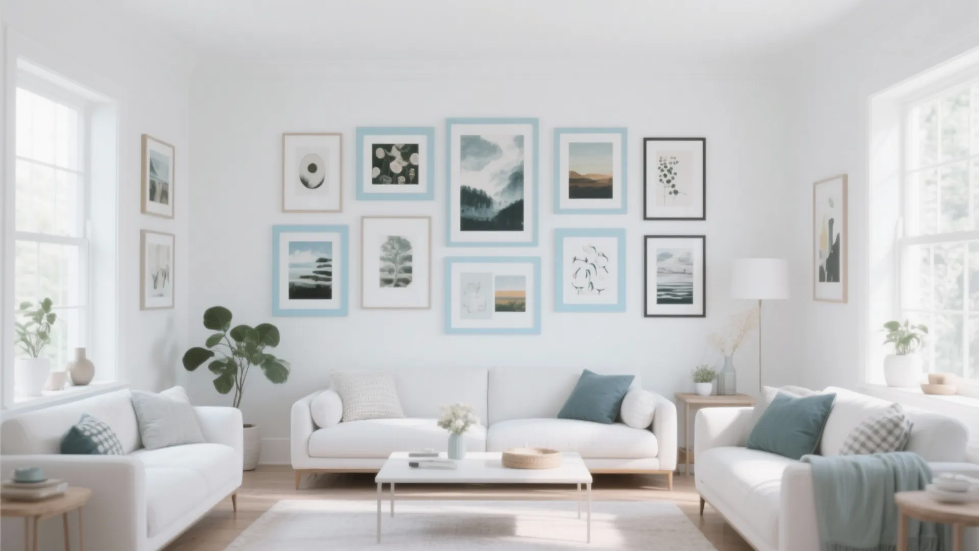 Modern white living room with blue framed gallery wall art white sofa and wood coffee table