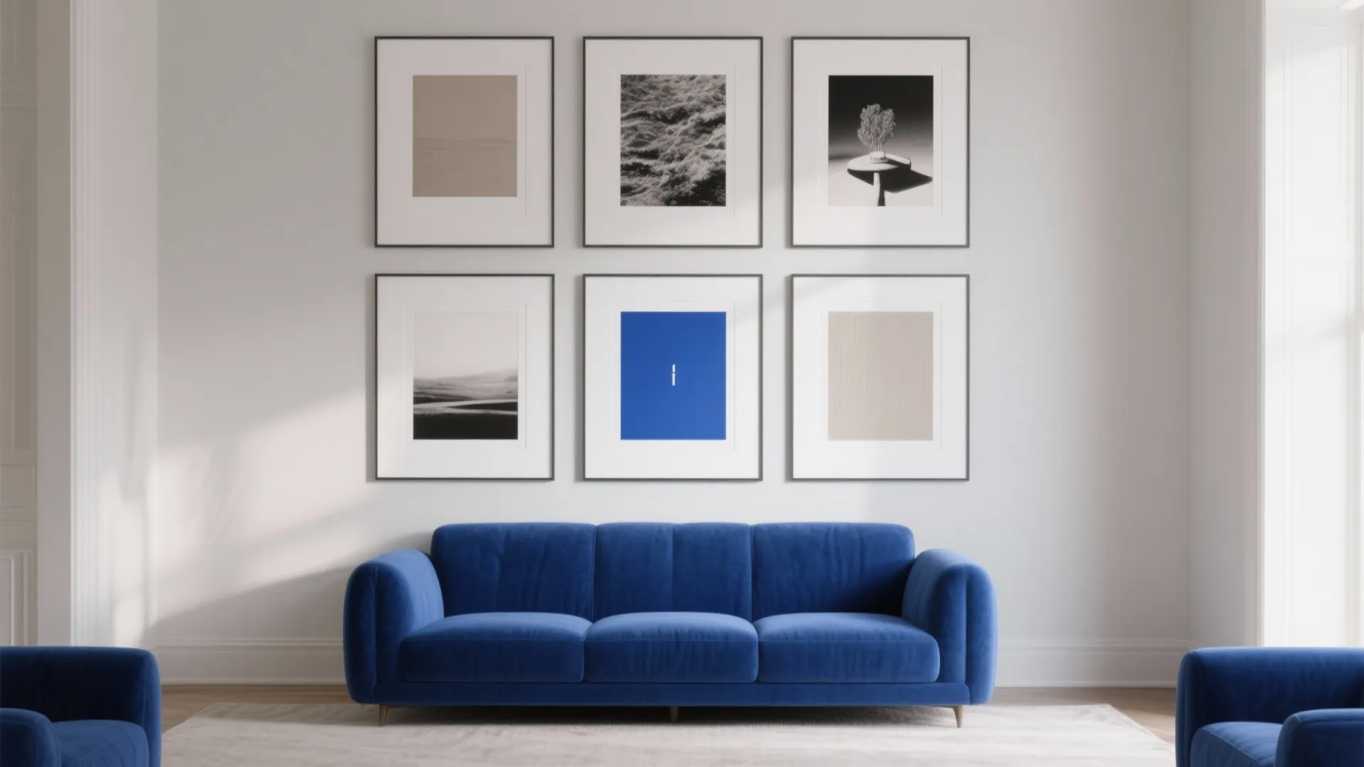 2) Gallery wall symmetry that frames the sofa