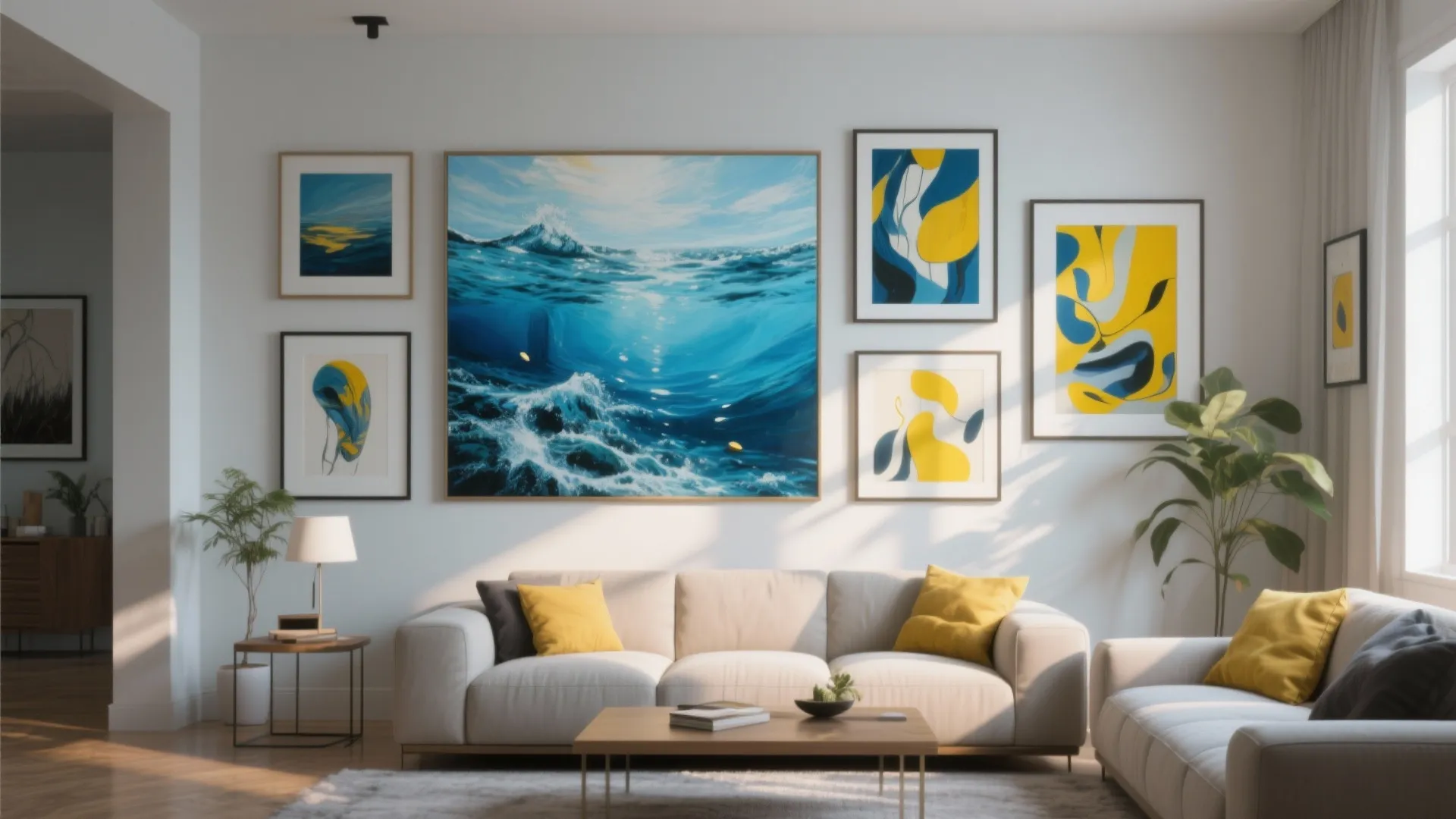 9. Art Gallery Wall with Blue and Yellow Accents