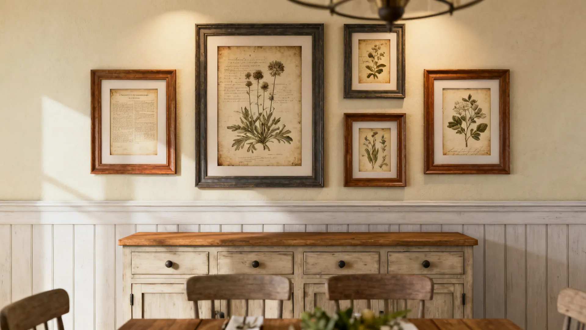 Gallery wall of rustic prints and botanical sketches above a wooden buffet in a farmhouse dining room.