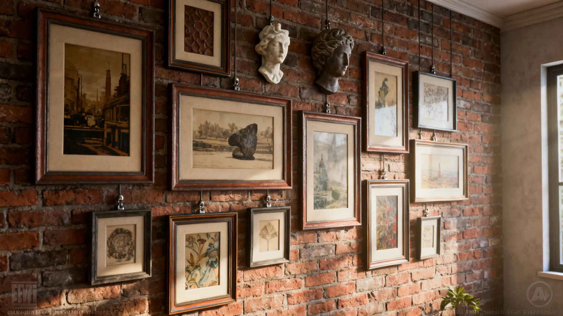 Gallery wall on exposed brick with mixed frames and sculptural pieces.