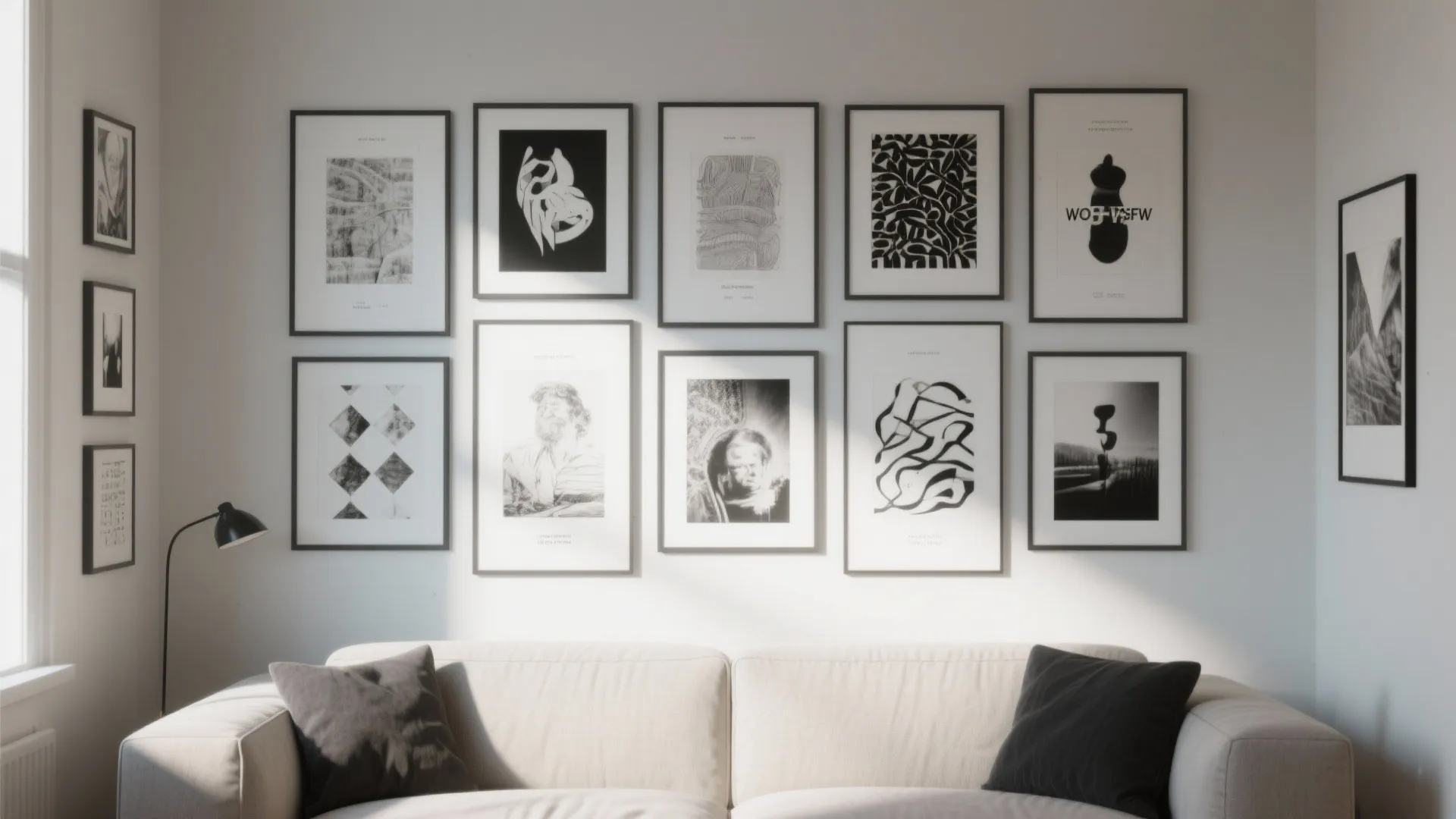 Living room sofa with many black and white framed art pictures hanging on white wall