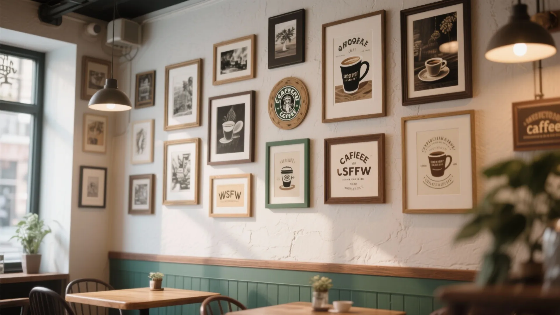 Cafe wall with many framed coffee art prints, green wooden wall panels, and warm ceiling lights