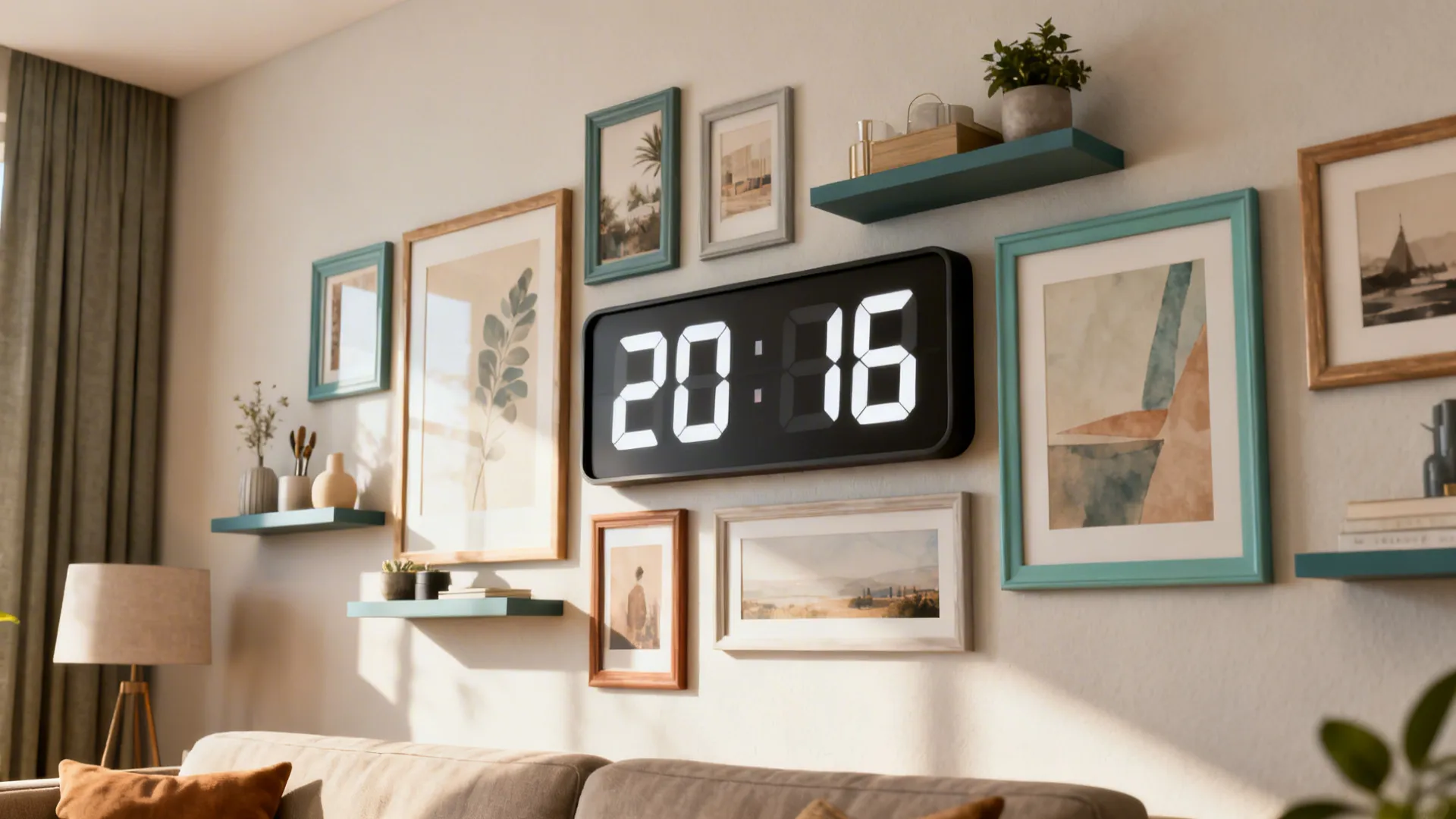 Gallery wall with an oversized digital clock among framed prints and floating shelves in a cozy living room
