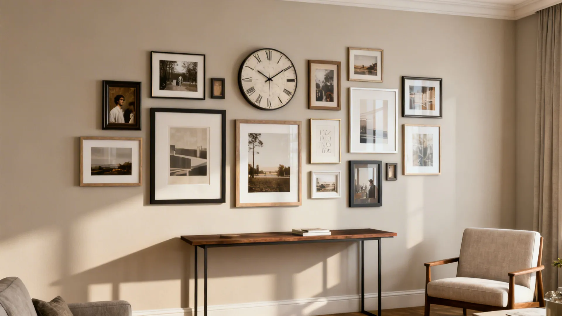 Gallery wall with framed prints and a statement clock balanced above a console in a living room
