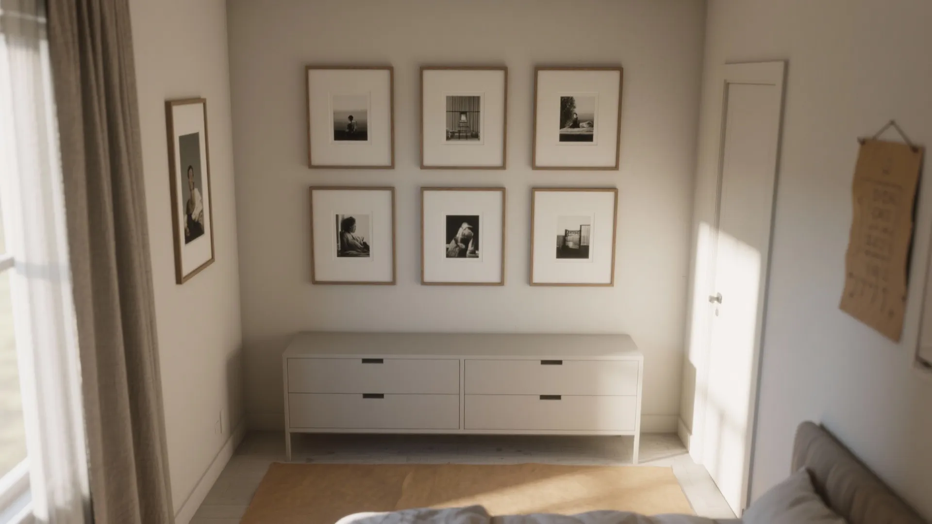 Small cohesive gallery wall of six matching framed photos above a dresser in a narrow bedroom.