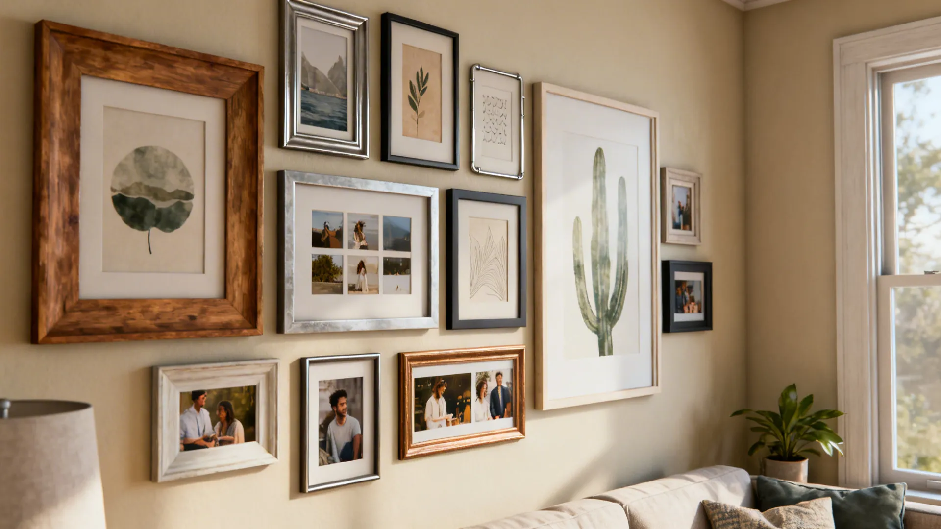 Gallery wall above a sofa with a cohesive two-to-three color palette and mixed frames