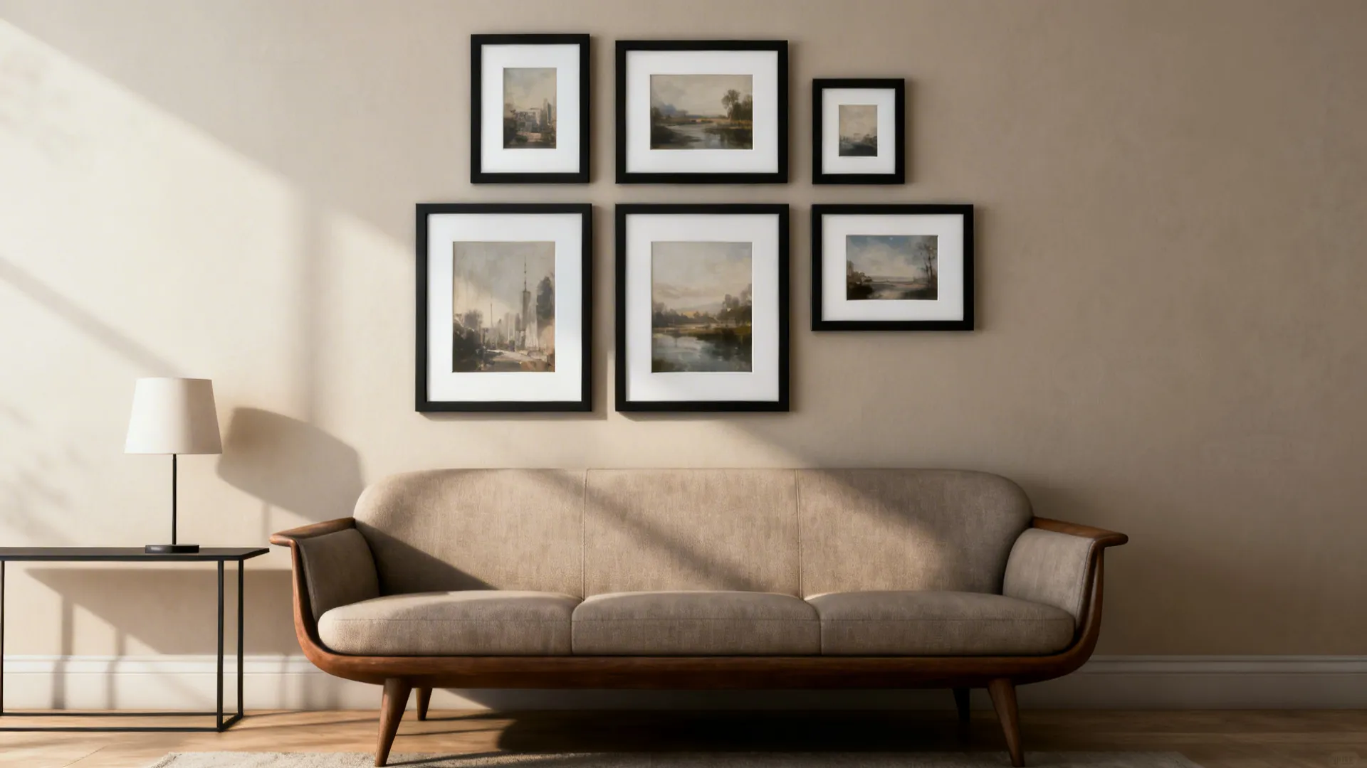 Gallery wall of matching frames above a sofa creating a curated, rhythmic display