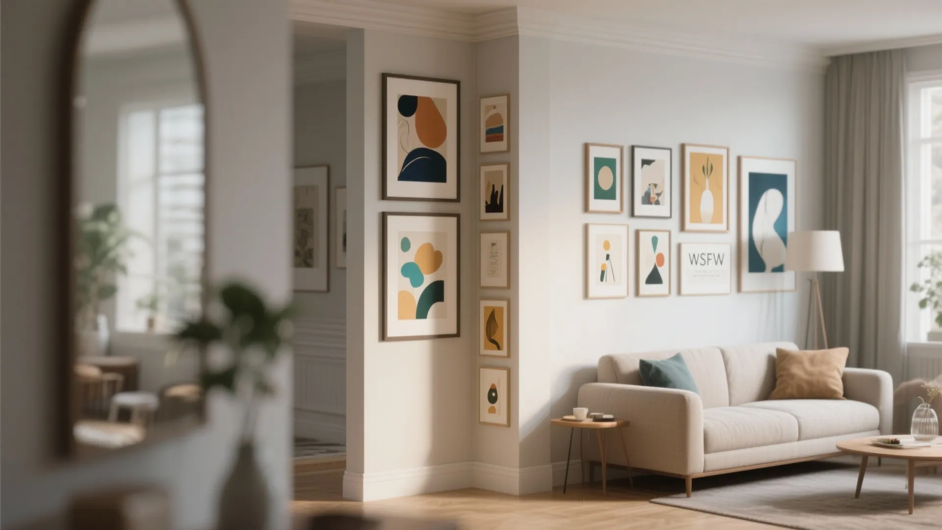 Mini gallery wall on a narrow living room column