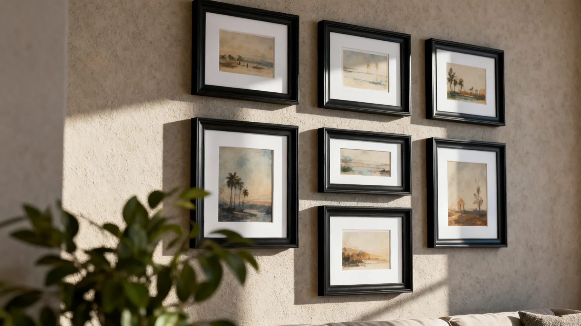 Cohesive gallery wall with uniform frames and varied artwork in a small living room.