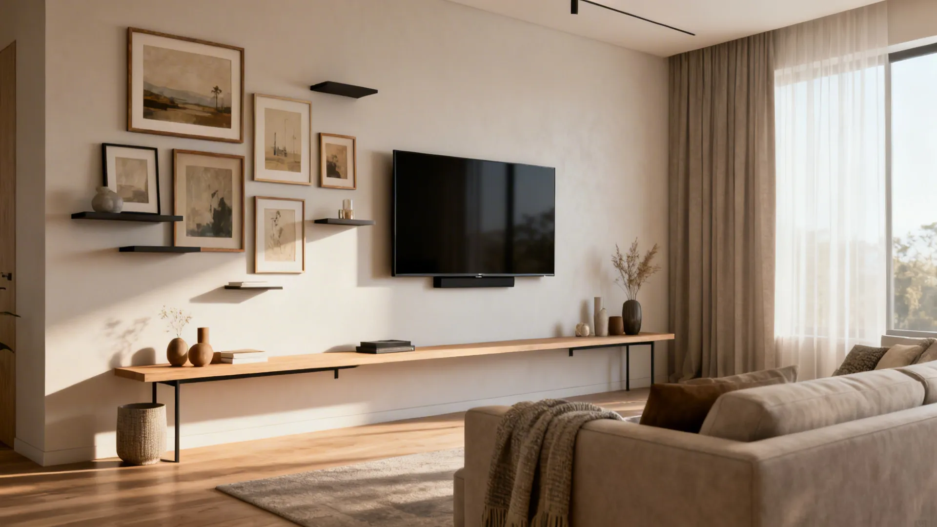 Slim console with a gallery wall of mixed frames balancing a wall-mounted TV.