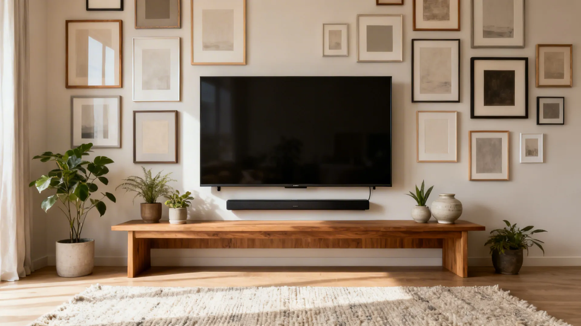Gallery wall around a TV with a low oak console, plants, and a slim soundbar.