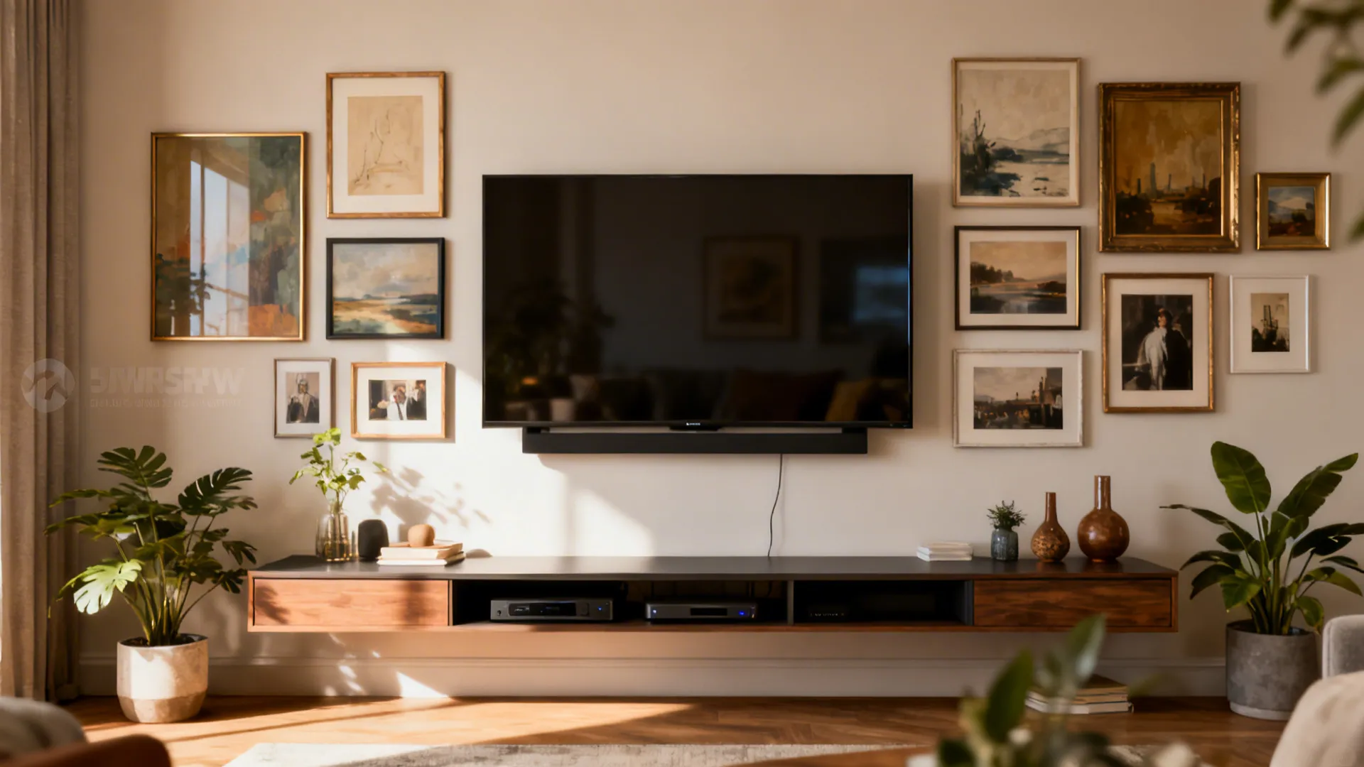 Wall-mounted TV integrated into a gallery wall above a slim media console with decor