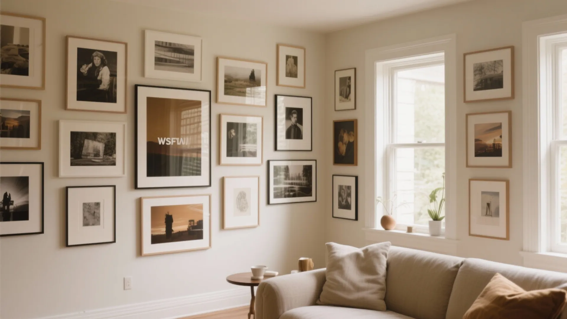 Cozy living room corner featuring a gallery wall with various framed pictures and white sofa