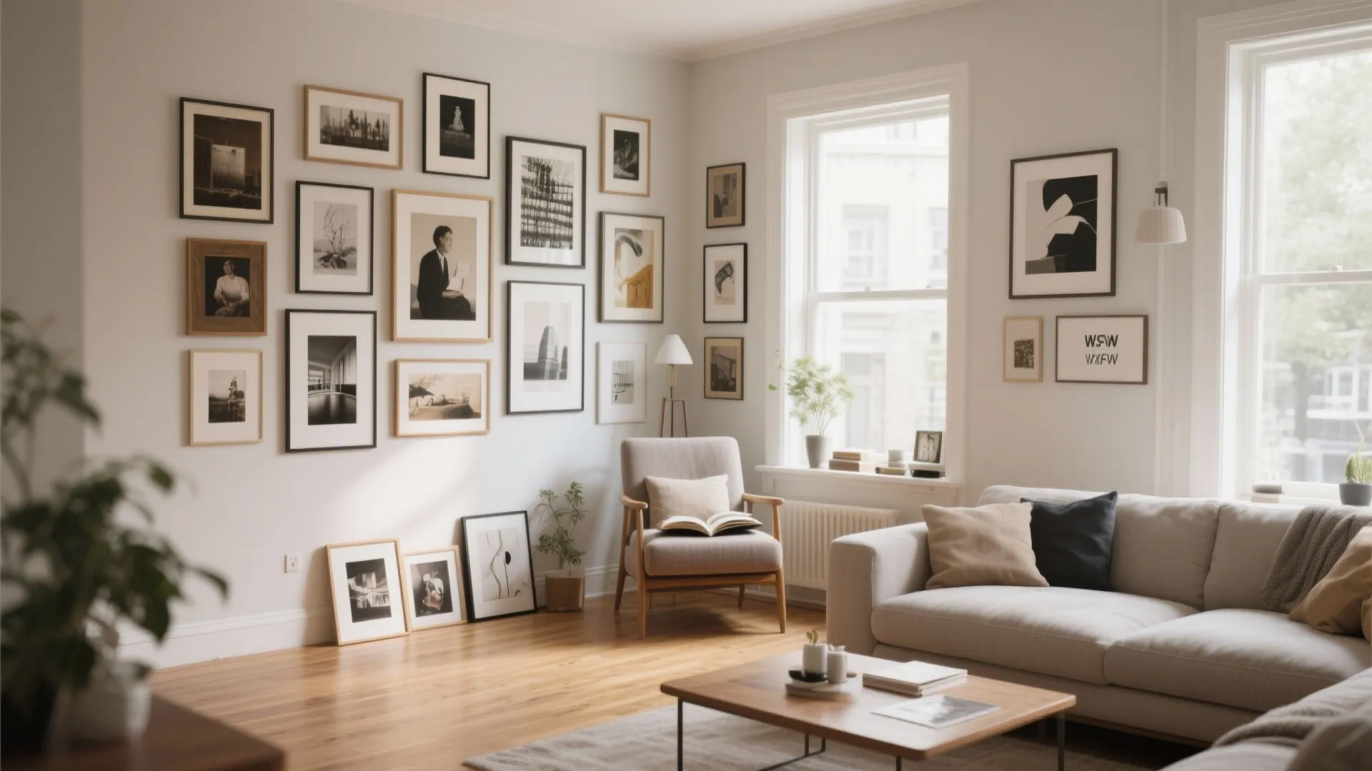 Cozy living room corner featuring a large gallery wall with many framed pictures and photos