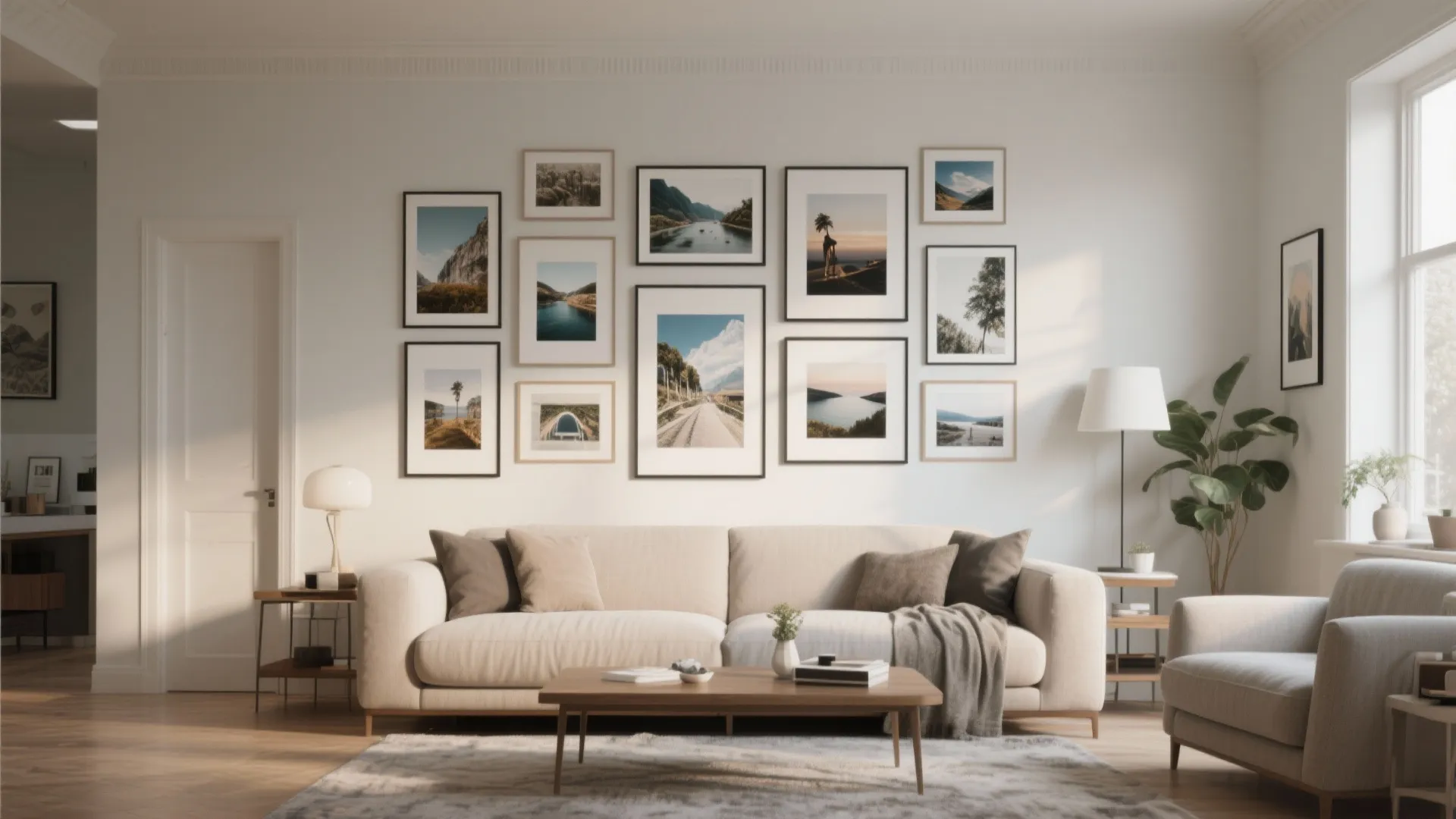 Modern living room featuring cream sofa and wall decorated with many framed nature landscape pictures