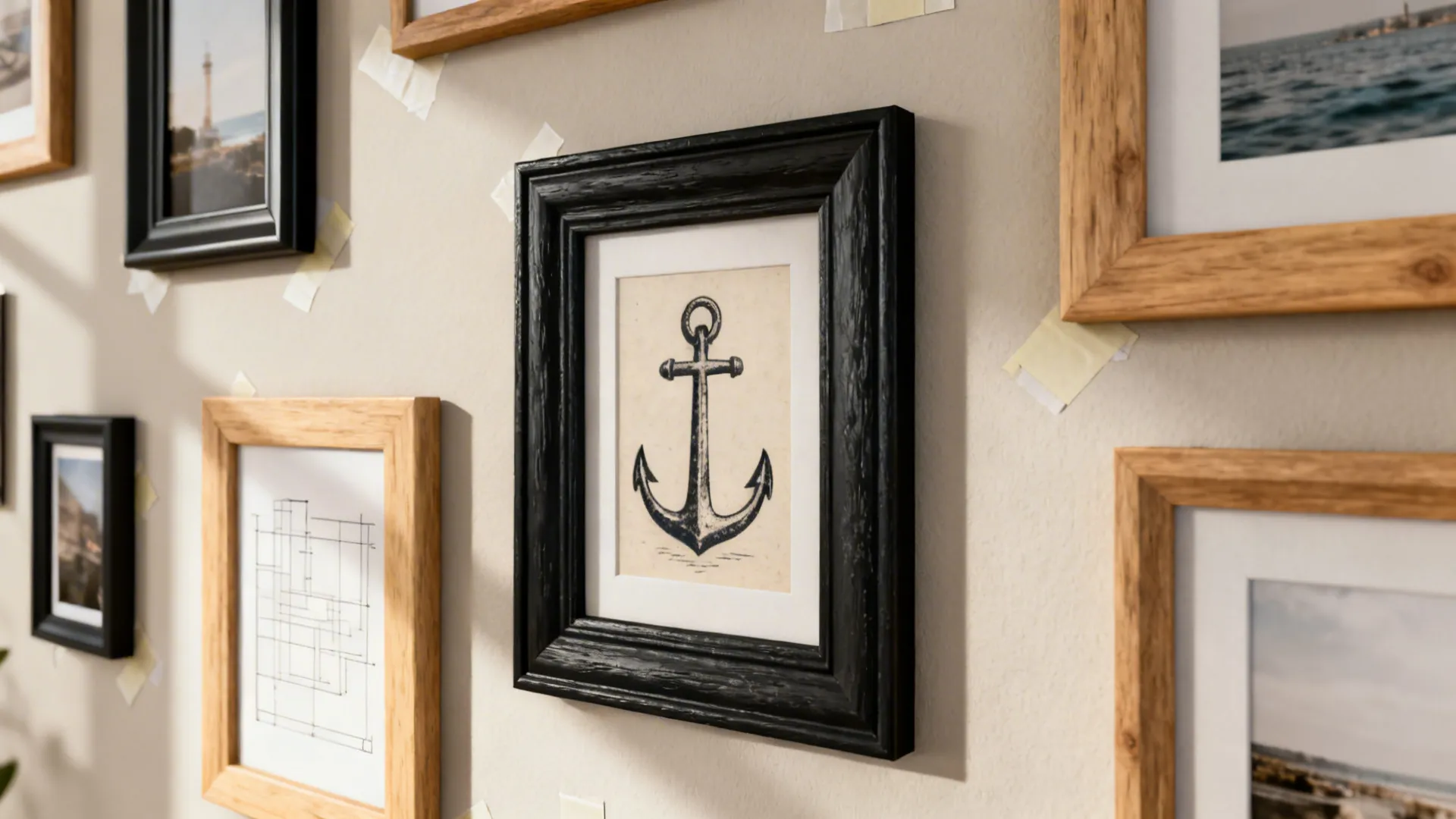 Close-up of mixed-frame gallery wall with an anchor print and two-tone frames.